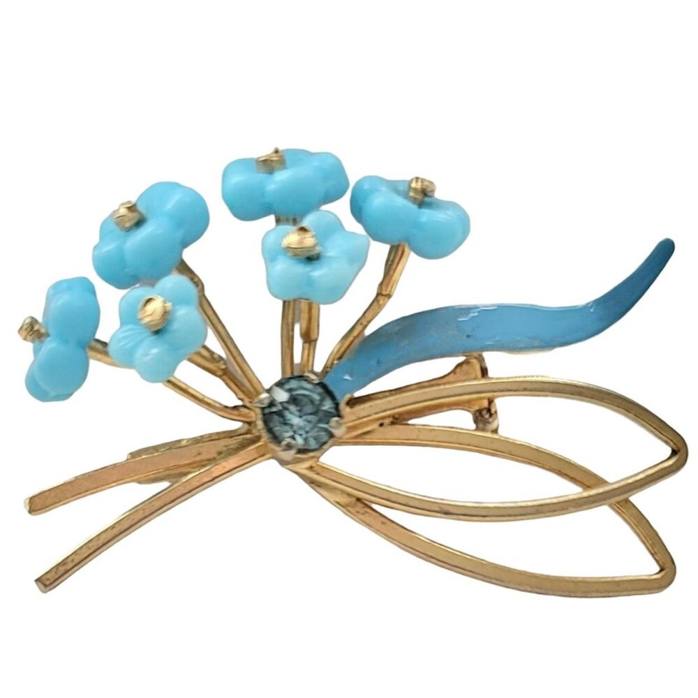 Austria Vintage Gold Tone Blue Glass Articulated Flower Pin  Brooch, Signed